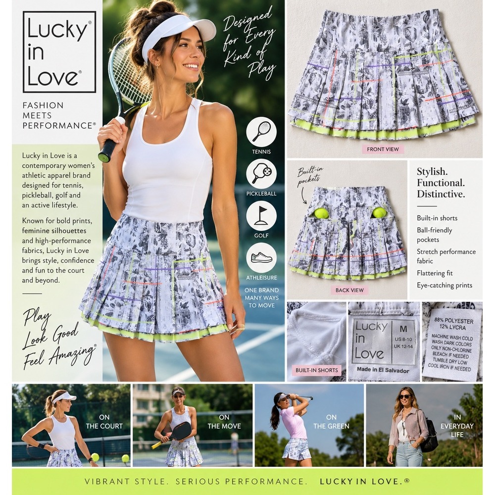 Lucky in Love Tennis Skort M White Floral Pleated Neon Golf Pickleball Skirt